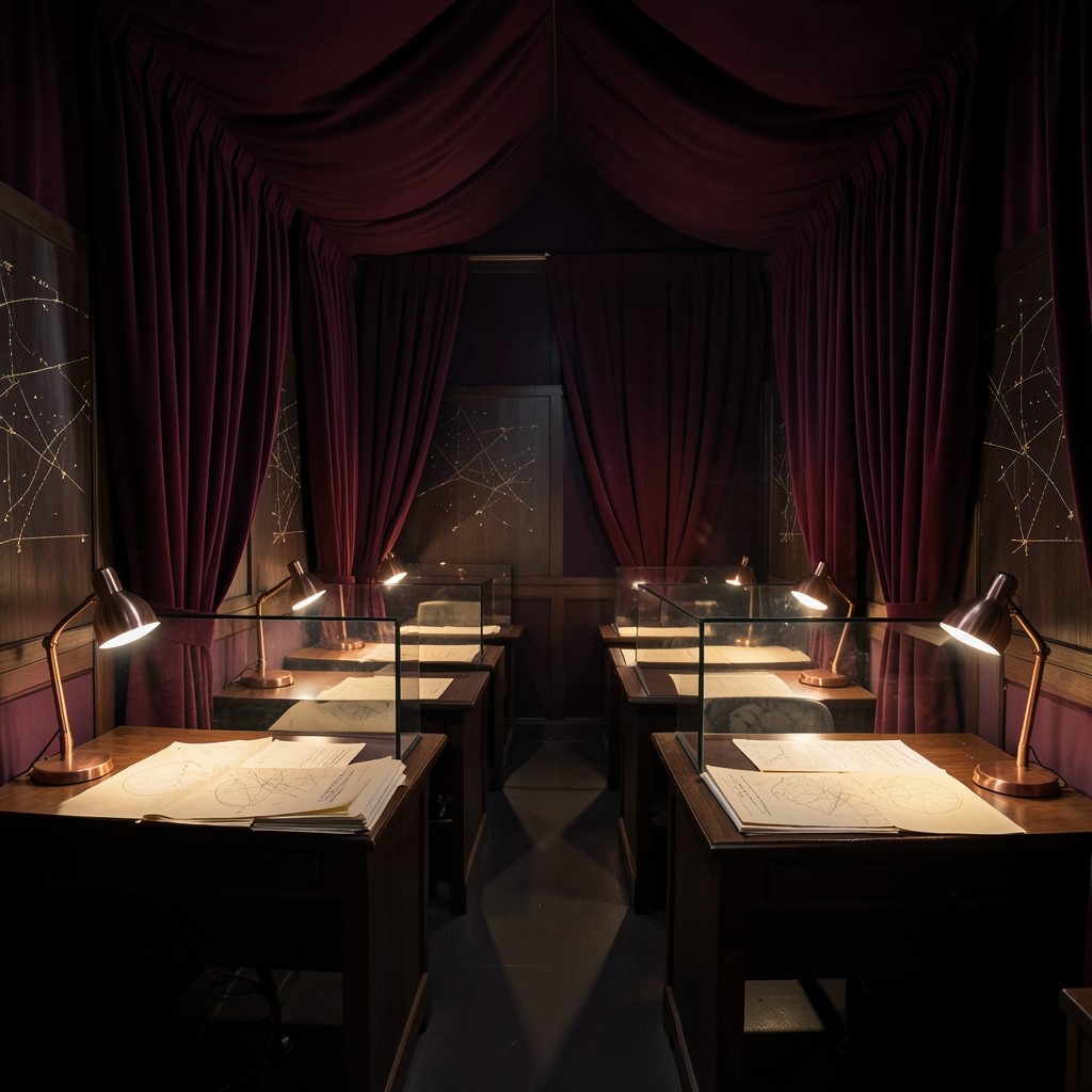 Velvet-walled chart studio with copper lamps and wooden desks