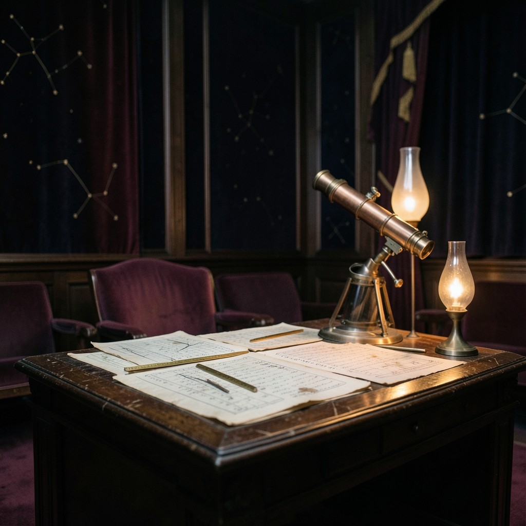 Dim observatory desk with candlestick charts under warm copper lamp light
