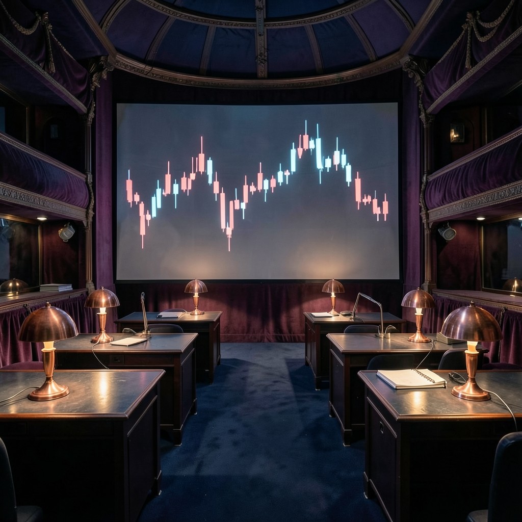 Practice lab with eight desks facing a large projected candlestick chart