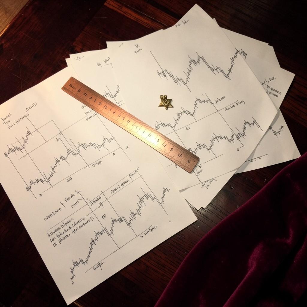 Annotated chart printouts on a lacquered wood desk
